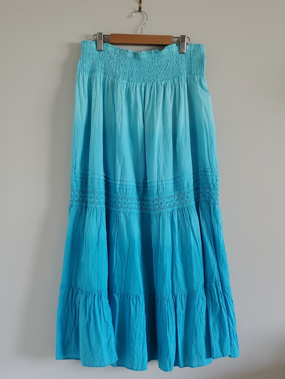 Mileage Smocked Waist Ombre Turquoise Maxi Layered Cotton Skirt Sz 1x Milkmaid